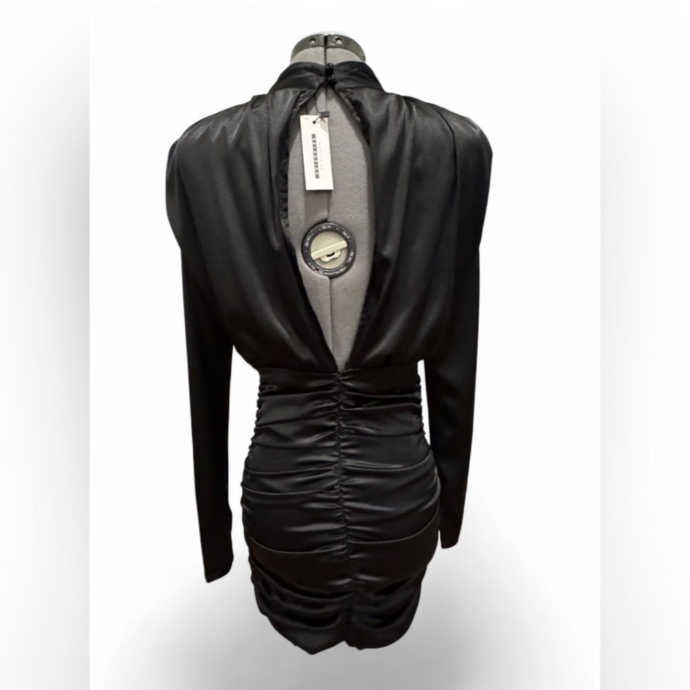 CBR Black Satin Long Sleeve Fitted Rouged Dress NWT